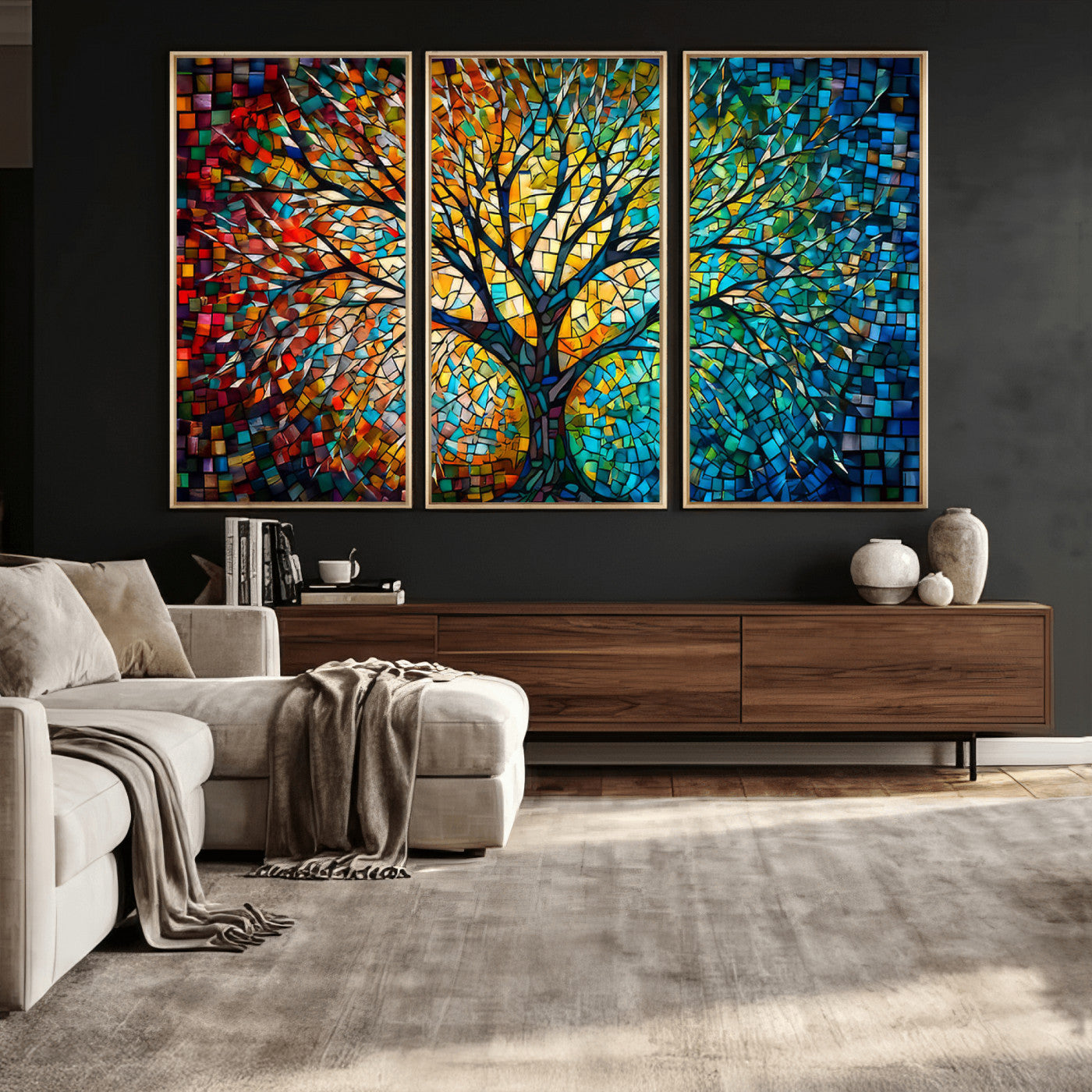 99325-MGV-CV-36X24 - Yggdrasil Tree of Life Wall Art Print Canvas | Mosaic Style 3-Panel Canvas Print