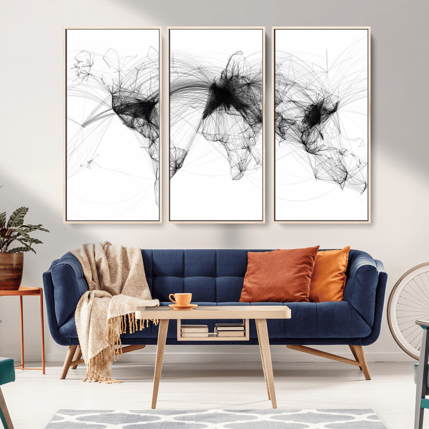 50136-MGV-CV-36X24-Abstract World Map Wall Art – Framed Geometric Line Canvas Artwork, Modern Global Design, Contemporary Decor for Home, Office