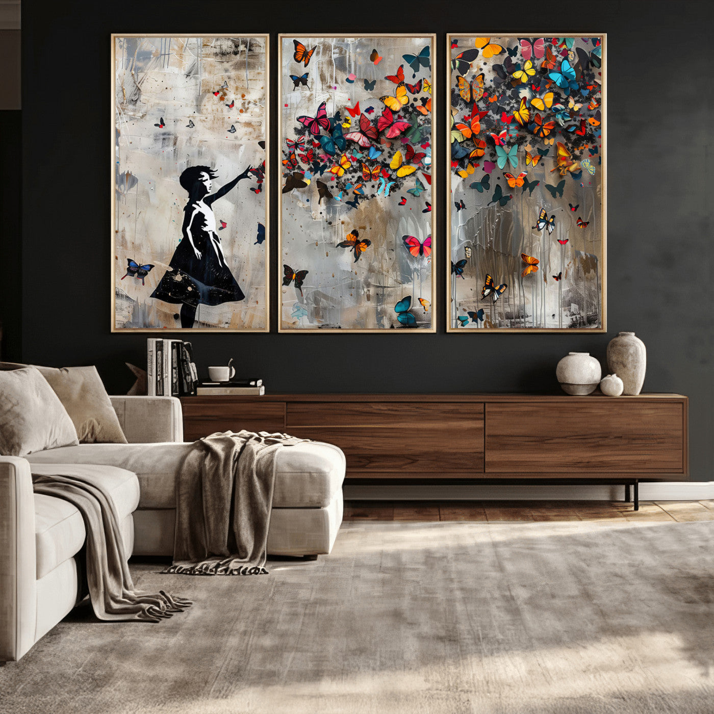 51446-MGV-CV-36X24 - Banksy Butterfly Girl Wall Art | 3-Piece Butterfly Girl Canvas