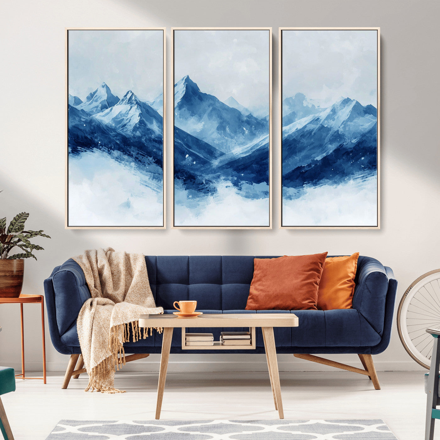 Peaceful watercolor-style painting of snowy blue mountains in soft tones, perfect for winter-themed or minimalist wall decor.