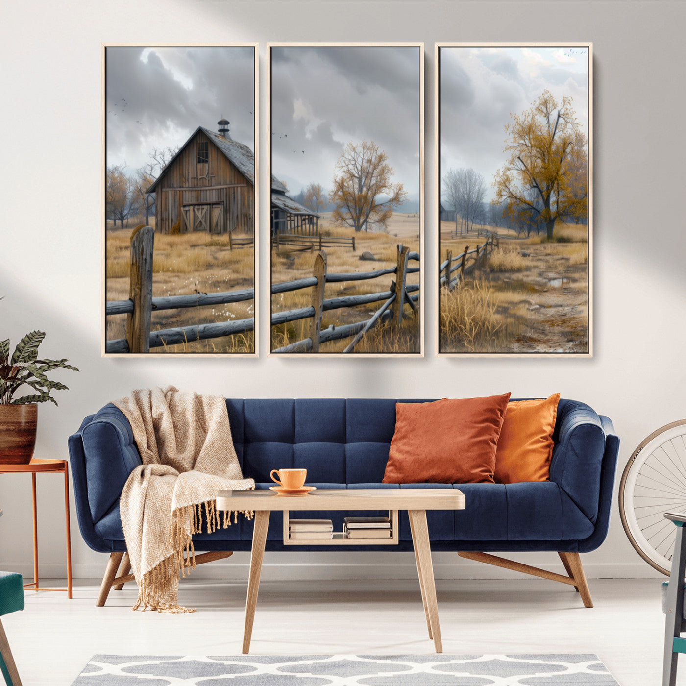 Farm1-MGV-CV-36X24-Rustic Autumn Farmhouse Wall Art Canvas Print – Serene Countryside Scene with Weathered Barn and