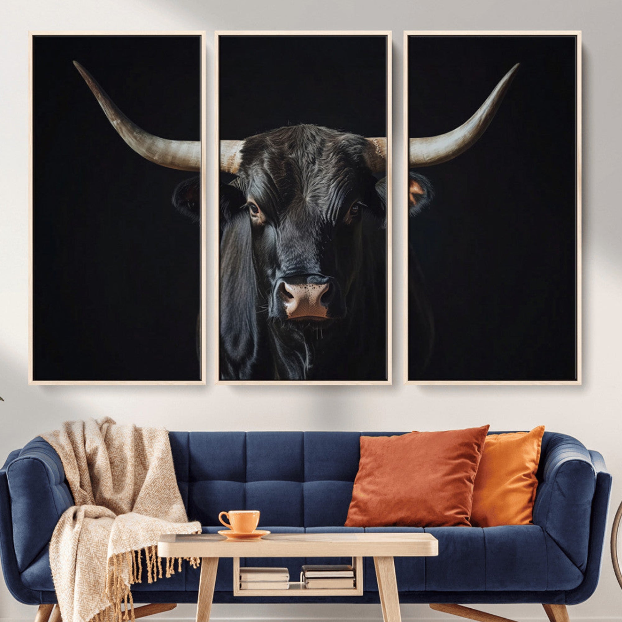 48065167-MGV-CV-36X24-Majestic Longhorn Bull Wall Art Canvas Print – Dark Background Western Ranch Portrait Artwork for Home, Office