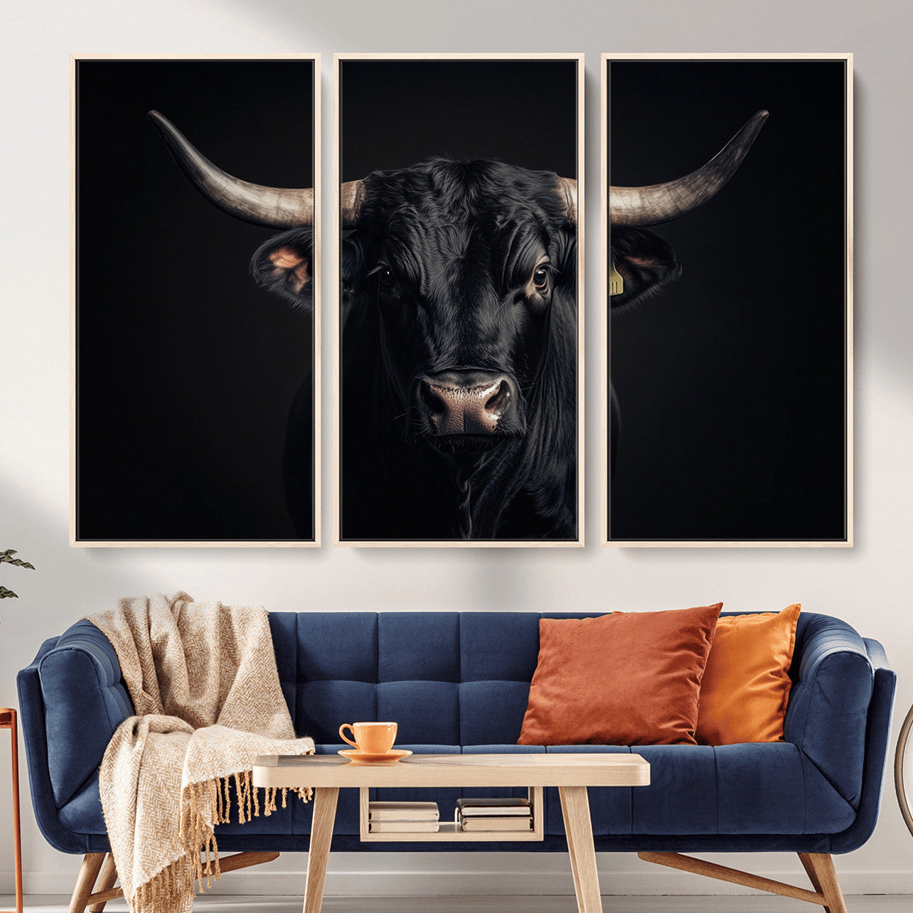 MGV-FC-48X32-3P - Black Bull Wall Art – Framed Horned Bull Canvas Artwork, Western Cattle Design, Rustic Ranch Style Decor for Home, Office