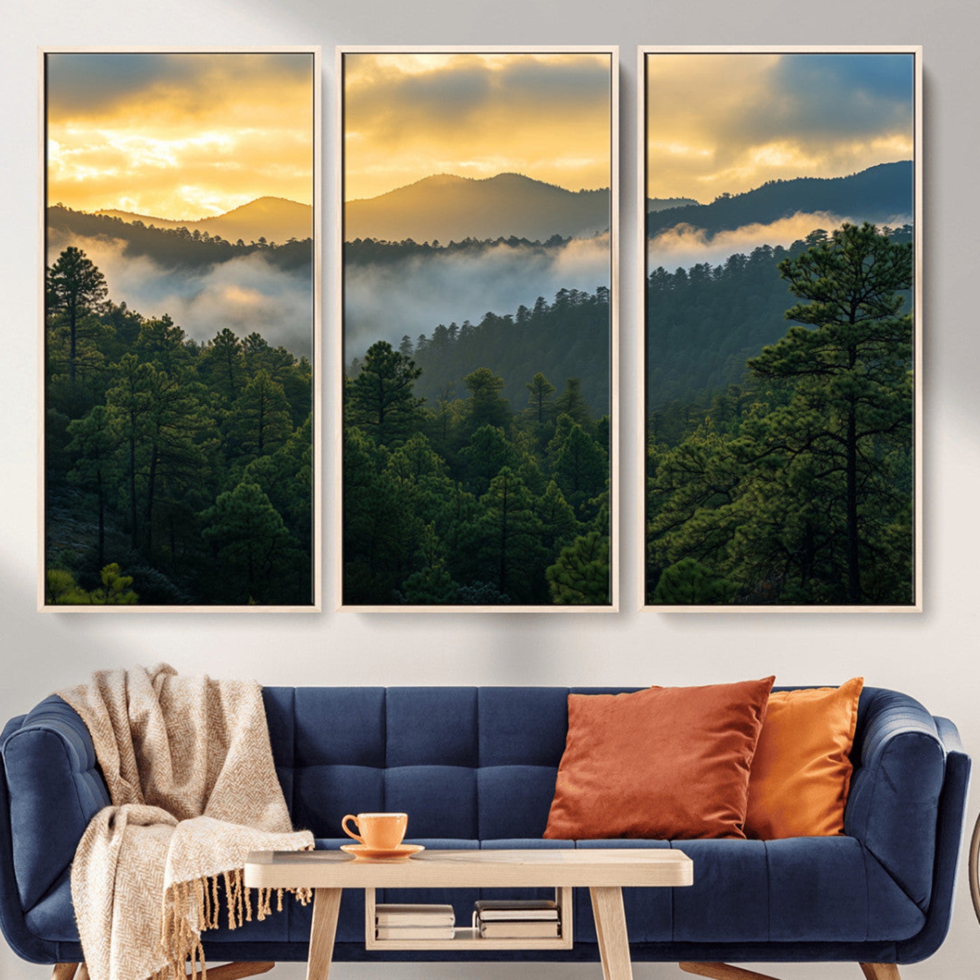 Canvas of misty pine-covered mountains at sunrise, featuring golden light and fog layers, ideal for tranquil earthy home decor.