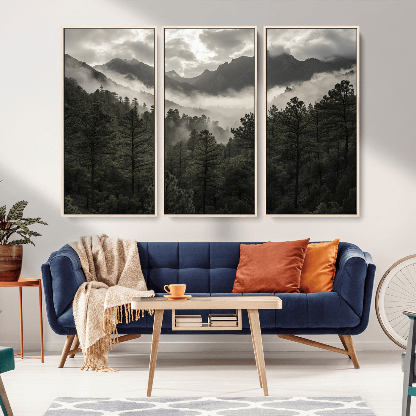Canvas of moody pine forest and foggy mountain peaks under overcast skies, ideal for calm and rustic woodland-themed home decor.
