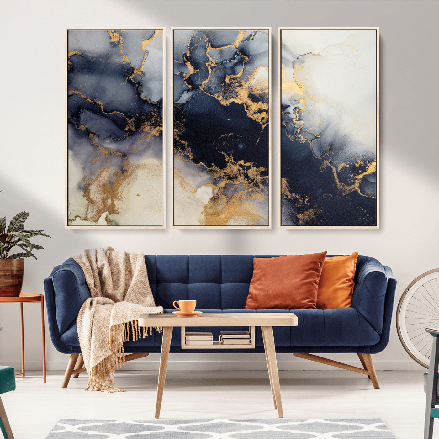 41136487-MGV-FC-48X32-3P_Natural-Black Marble Wall Art Canvas Print – Framed Abstract Gold Veins Elegant Luxury Design Decor for Home, Office