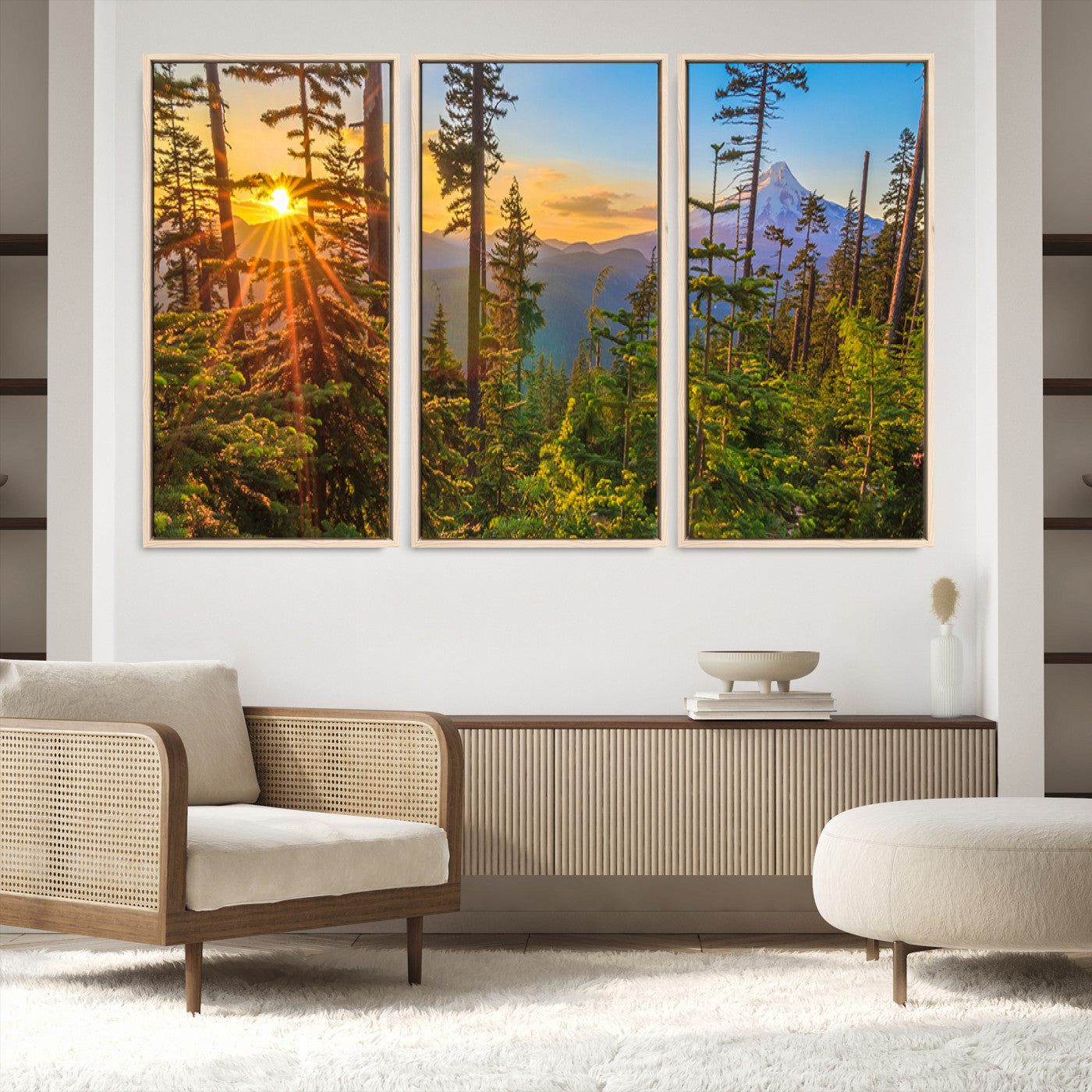83544043-MGV-FC-48X32-3P-Forest Sunset Wall Art Canvas Print, Framed Sunset Trees Art Picture Print, Green Pines Perfect