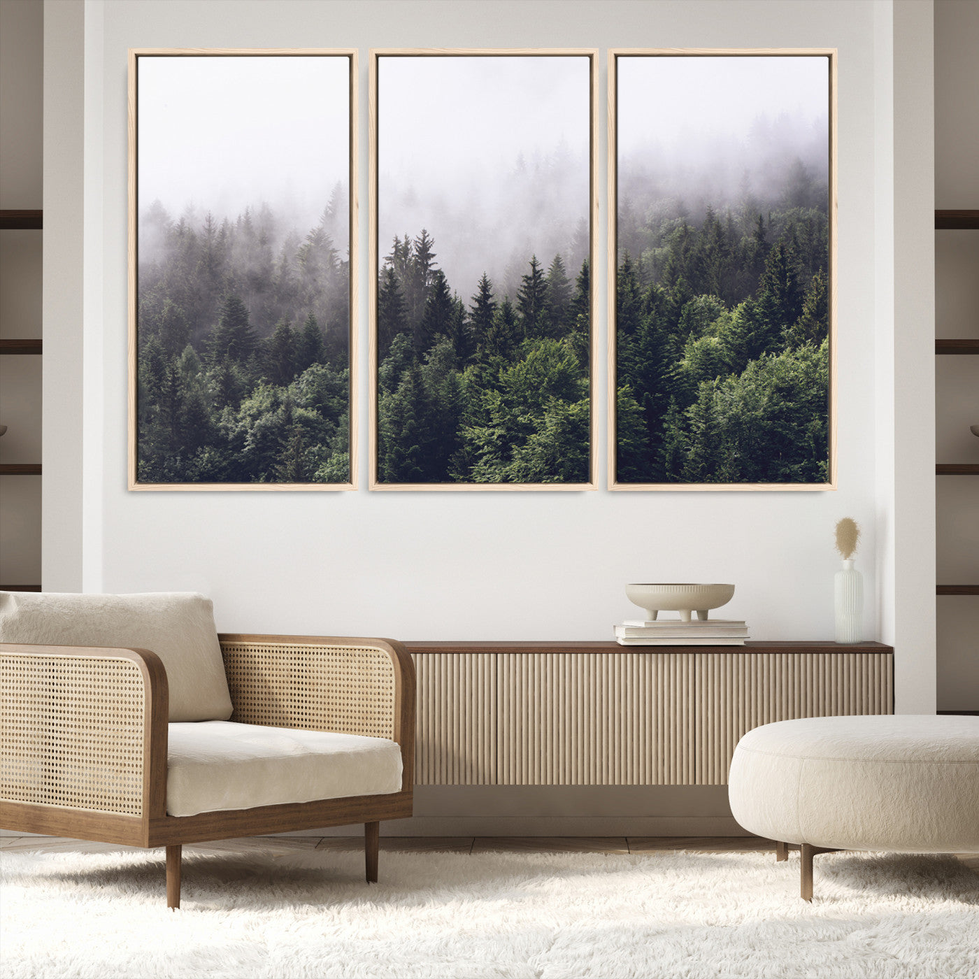 62890402-MGV-FC-48X32-3P-Misty Forest Wall Art Canvas Print, Framed Foggy Pines Art Picture Print, Pine Valley Perfect Moody