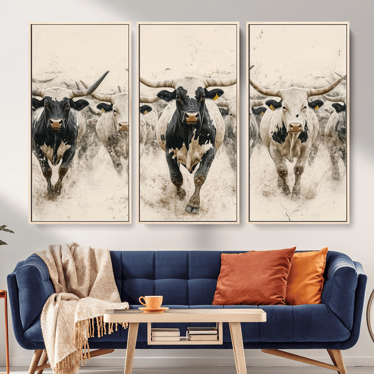 MGV-FC-48X32-3P - Cream Dust Longhorn Wall Art – Canvas Print of Western Herd Stampede, Dynamic Charge, Rustic Prairie Motion, Bold Nature Farm Decor