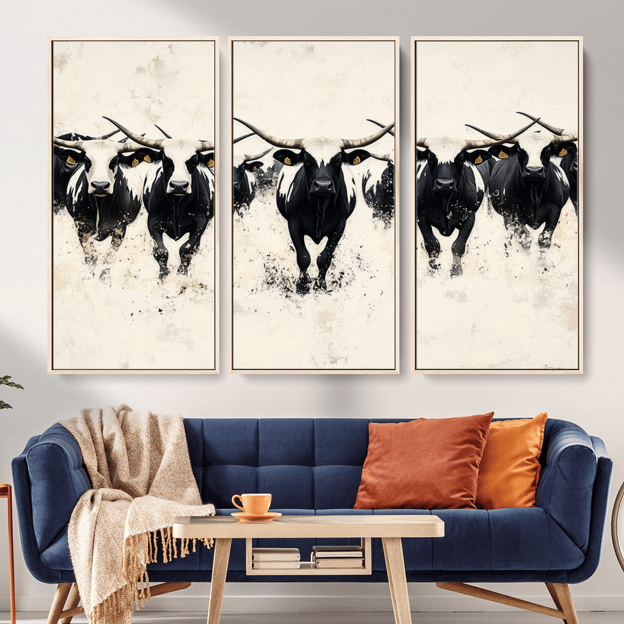 MGV-FC-48X32-3P - Longhorn Cattle Wall Art – Canvas Print of Herd in Motion, Symmetry and Ink Splatter, Minimalist Western Ranch, Bold Rustic Farm Decor