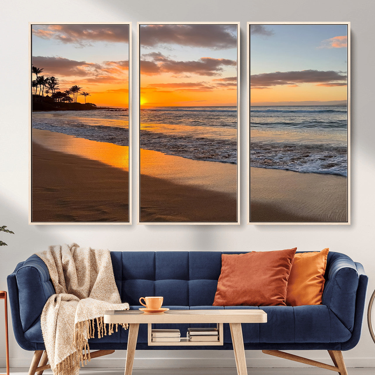 MGV-FC-48X32-3P - Sunset Glow Wall Art – Canvas Print of Ocean Breeze, Golden Sand, Tropical Palm Silhouettes, Tranquil Waves, Beach Nature Decor for Home