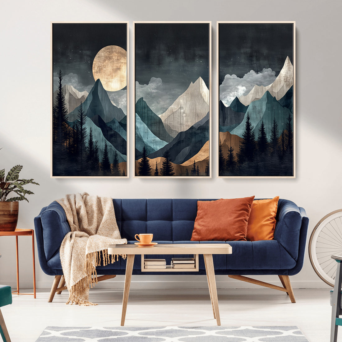 Moonlit Mountain Wall Art Canvas Print, Framed Silhouetted Pines Art, Layered Peaks Rustic Decor