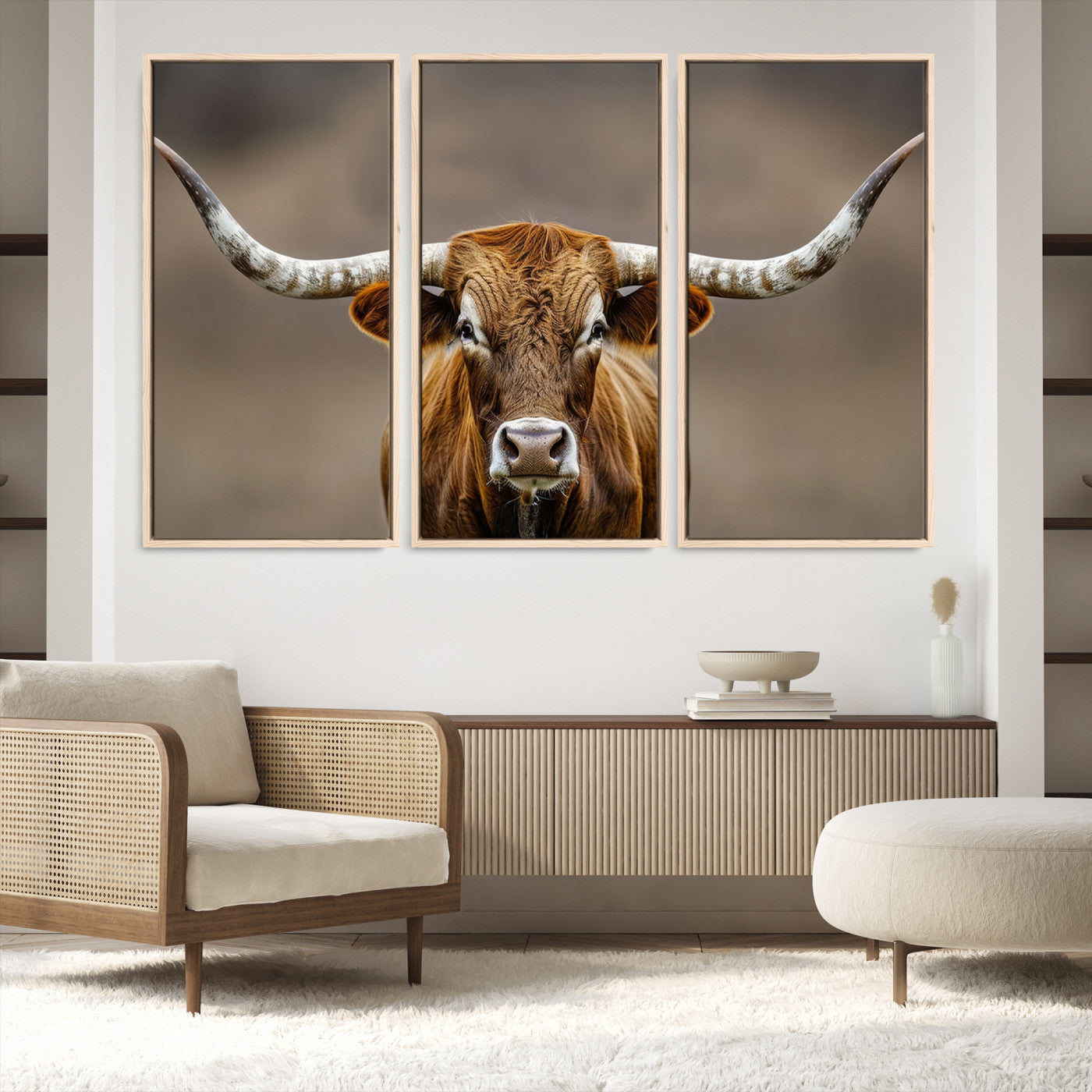 12179171-MGV-FC-48X32-3P-Texas Longhorn Wall Art Canvas Print, Framed Brown Bull Art Picture Print, Lone Cattle Perfect