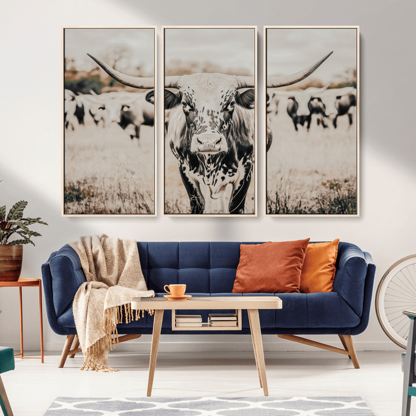 -Texas Longhorn Wall Art Canvas Print, Framed Speckled Cow Art Picture Print, Horned Cattle Perfect Rustic Western Decor Artwork