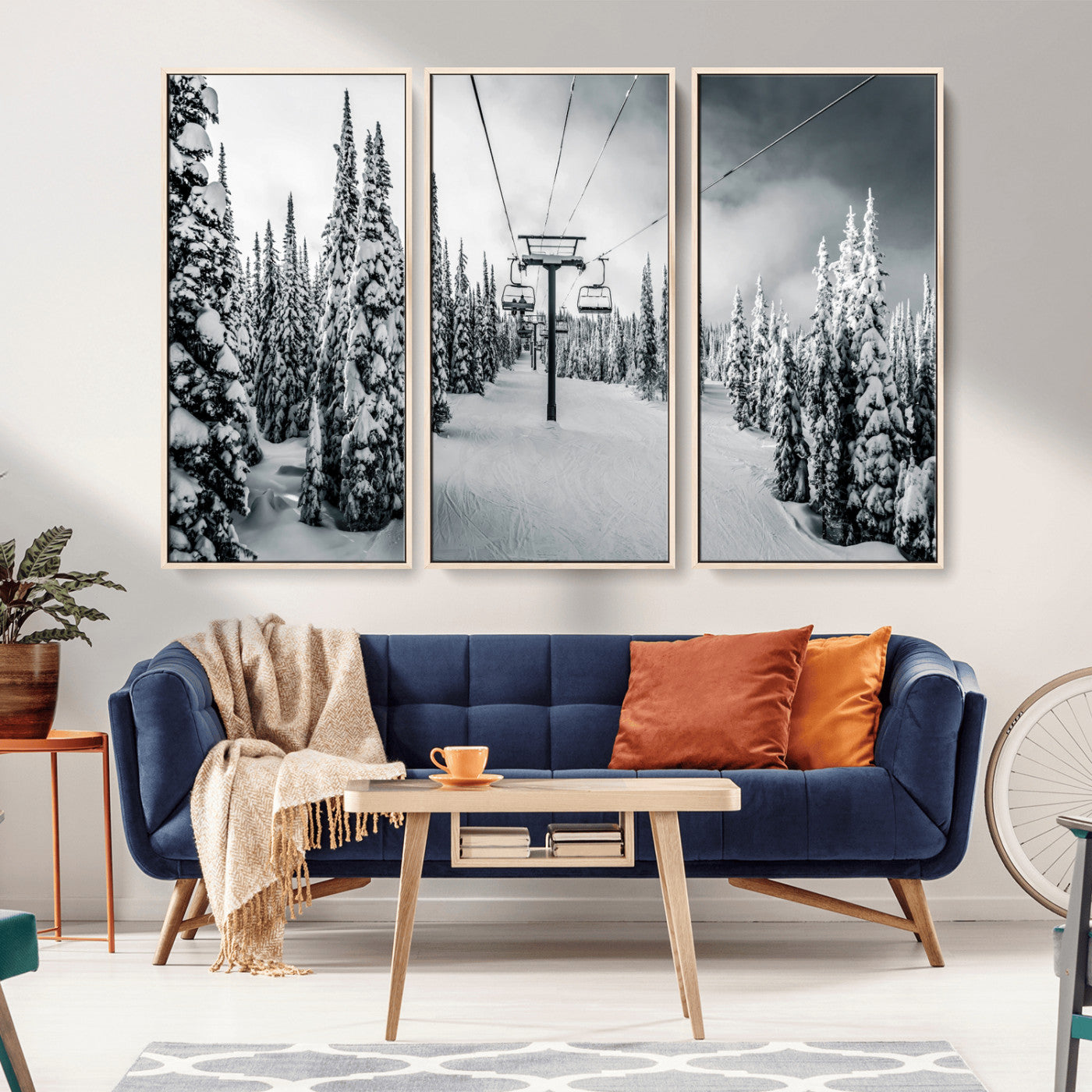 31156828-MGV-CV-36X24-Snowy Pines Wall Art Canvas Print – Framed Ski Lift Winter Forest Snowy Landscape Moody Lodge Artwork for Home, Office