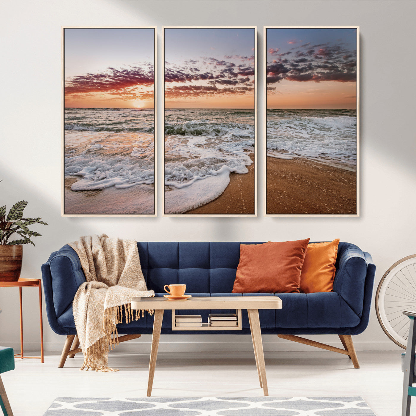 39846389-MGV-CV-36X24-Ocean Sunset Wall Art Canvas Print – Framed Sandy Shore Gentle Waves Coastal Landscape Minimalist Artwork for Home, Office