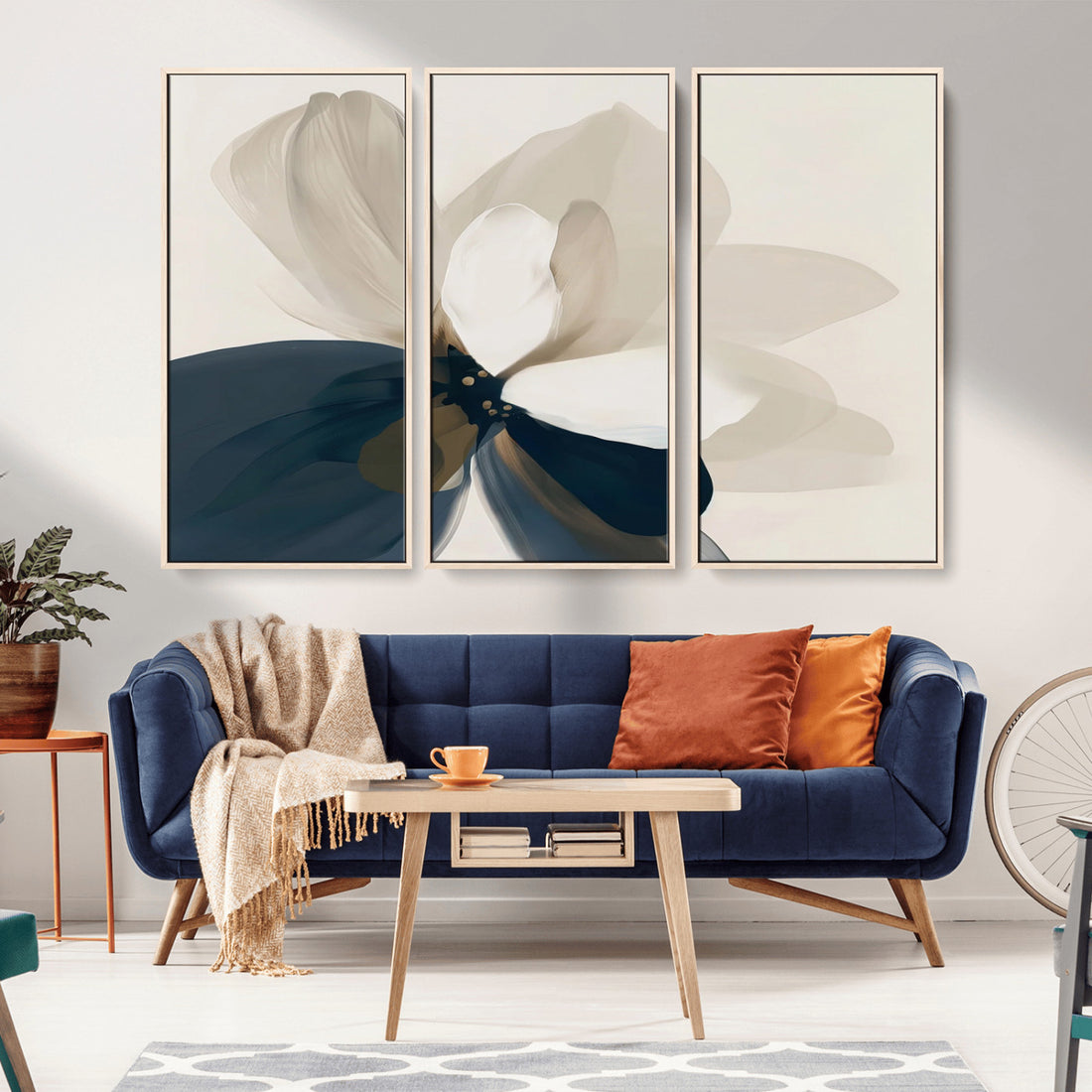 Minimal Flower Wall Art Canvas Print | Framed Beige and Navy Bloom