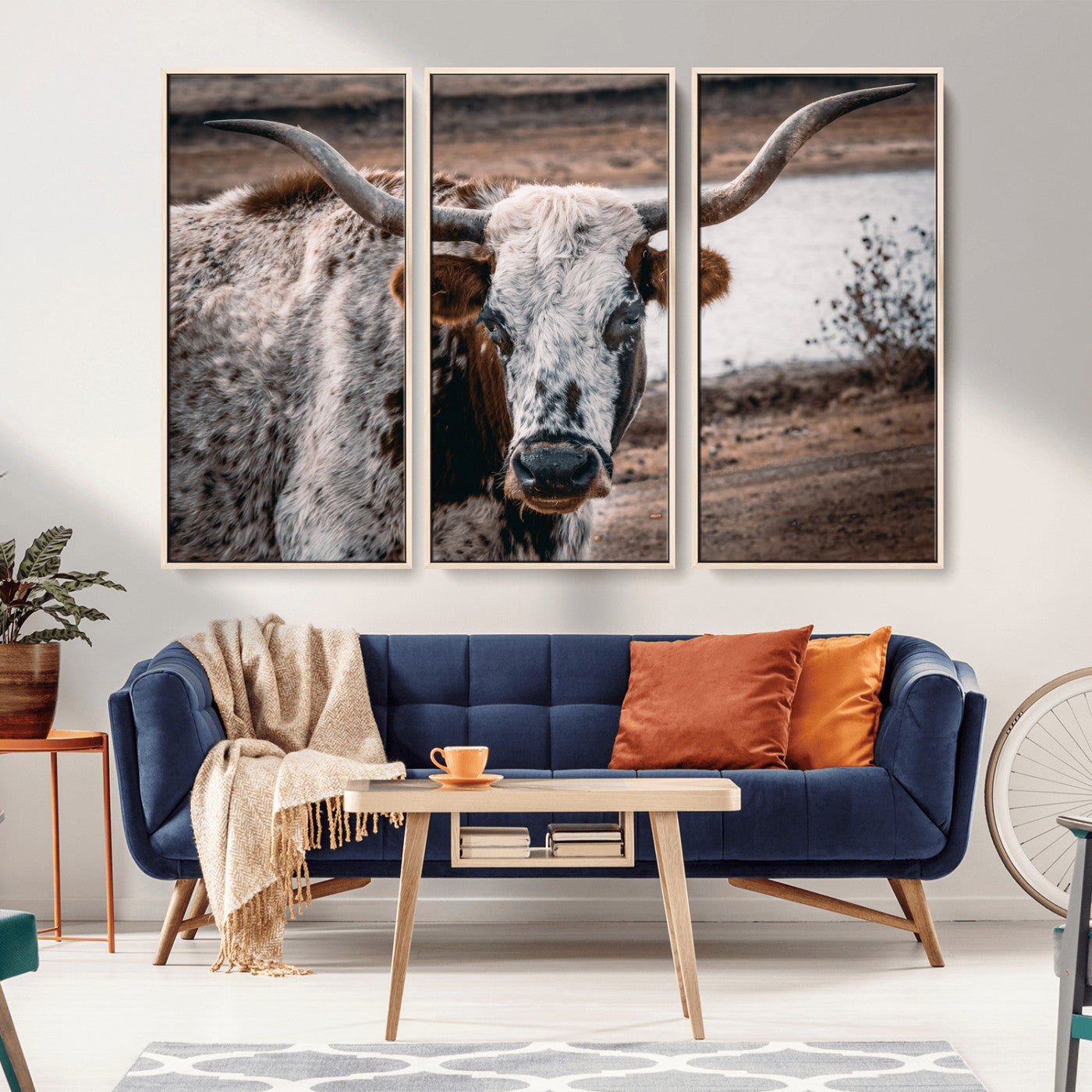 -Texas Longhorn Wall Art Canvas Print, Framed Spotted Cow Art Picture Print, Horned Cattle Perfect Rustic Western Decor Artwork