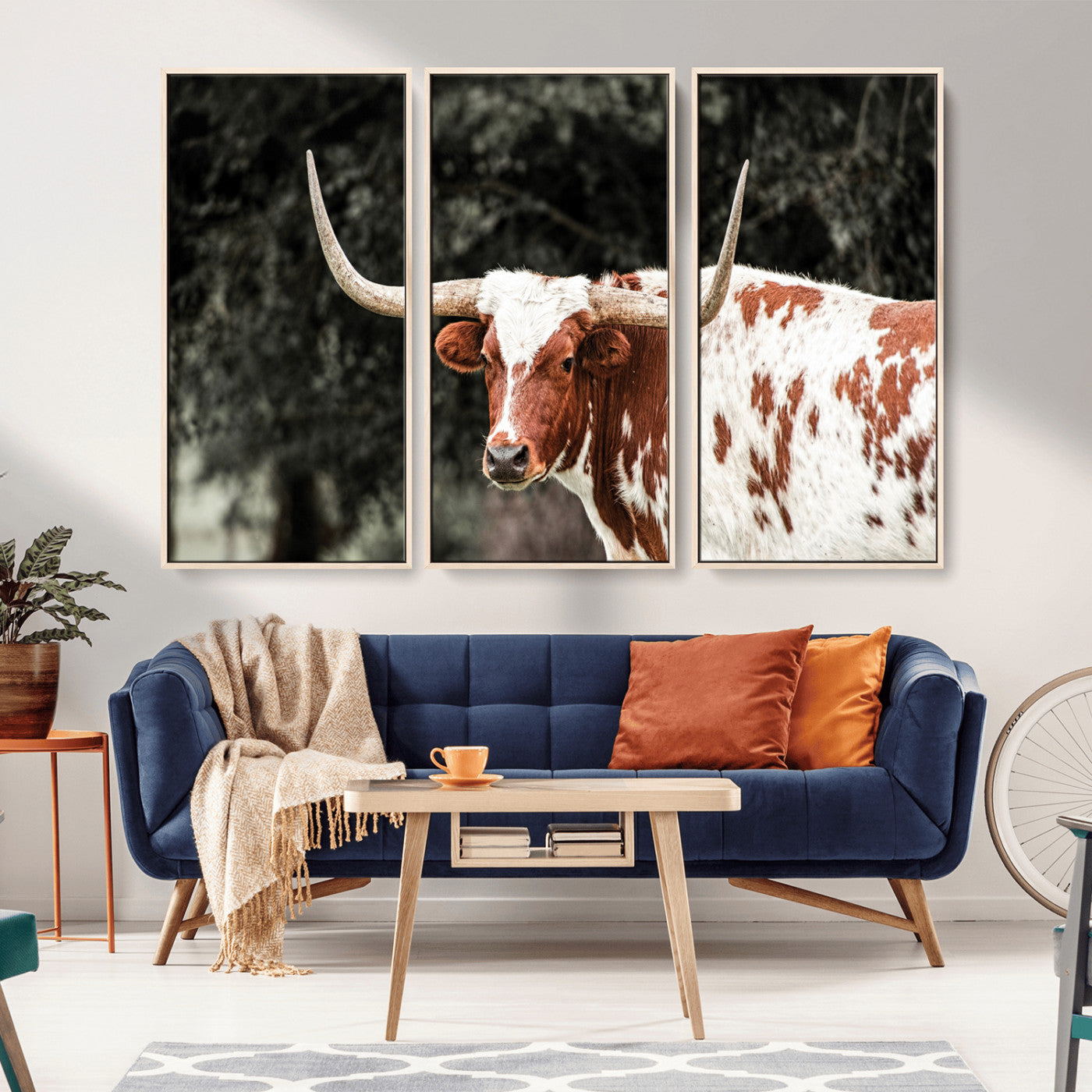 -Texas Longhorn Wall Art Canvas Print, Framed Spotted Cow Art Picture Print, Horned Bull Perfect Rustic Western Decor Artwork