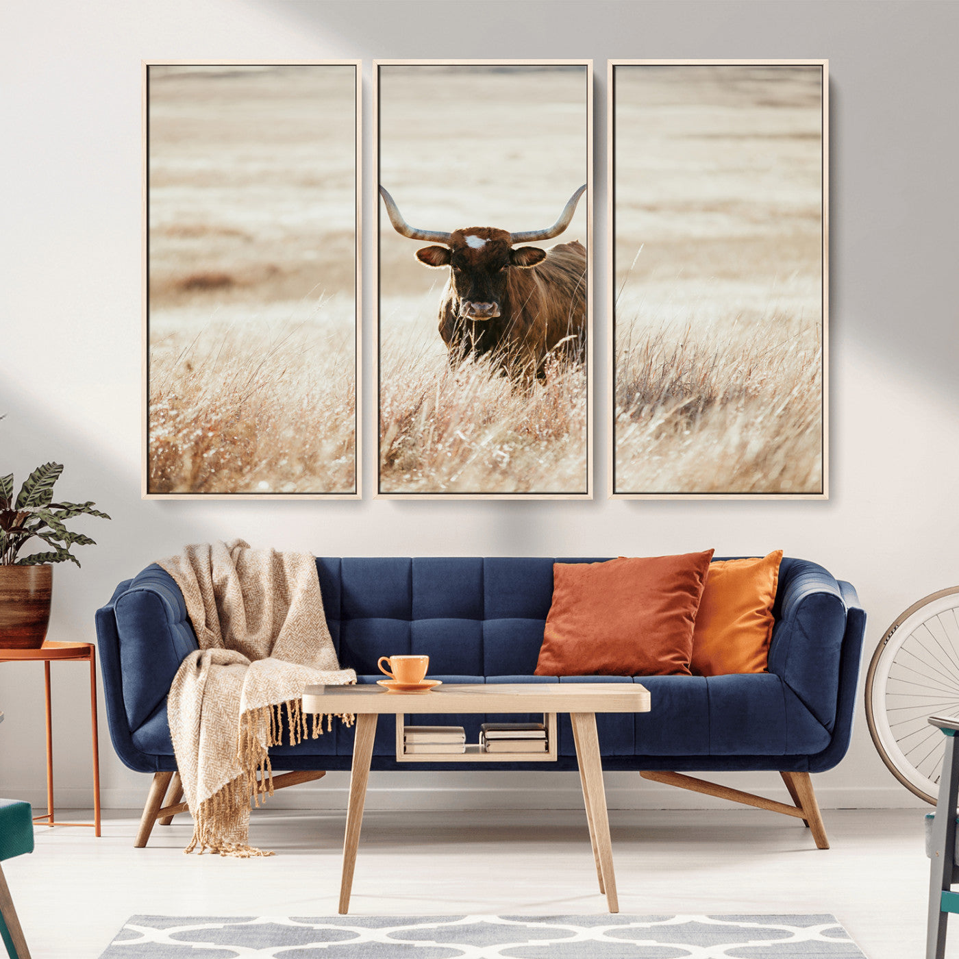 -Texas Longhorn Wall Art Canvas Print, Framed Brown Cattle Art Picture Print, Horned Bull Perfect Rustic Western Decor Artwork