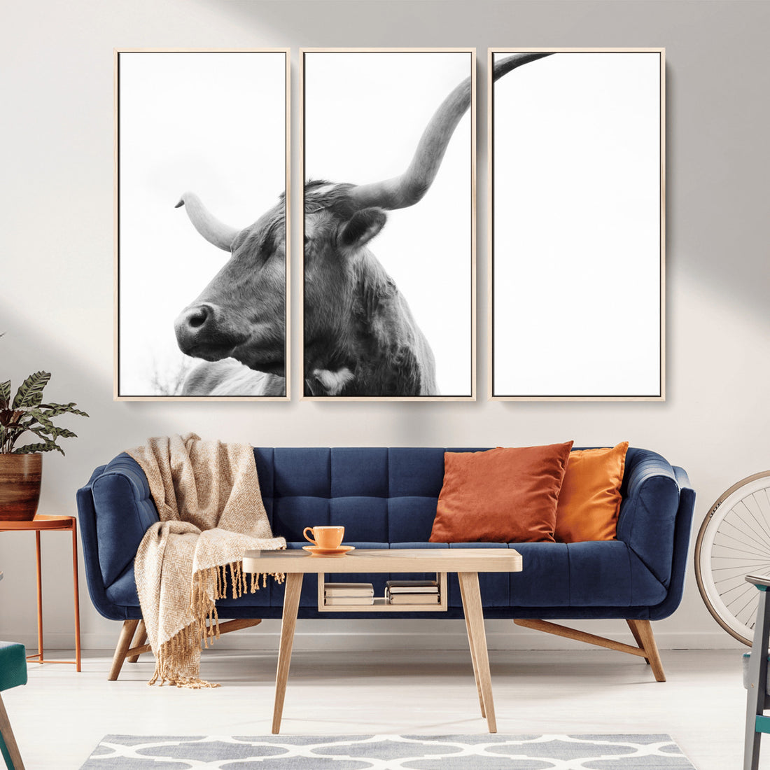 Longhorn Wall Art Canvas Print | Framed Monochrome Ranch Cow