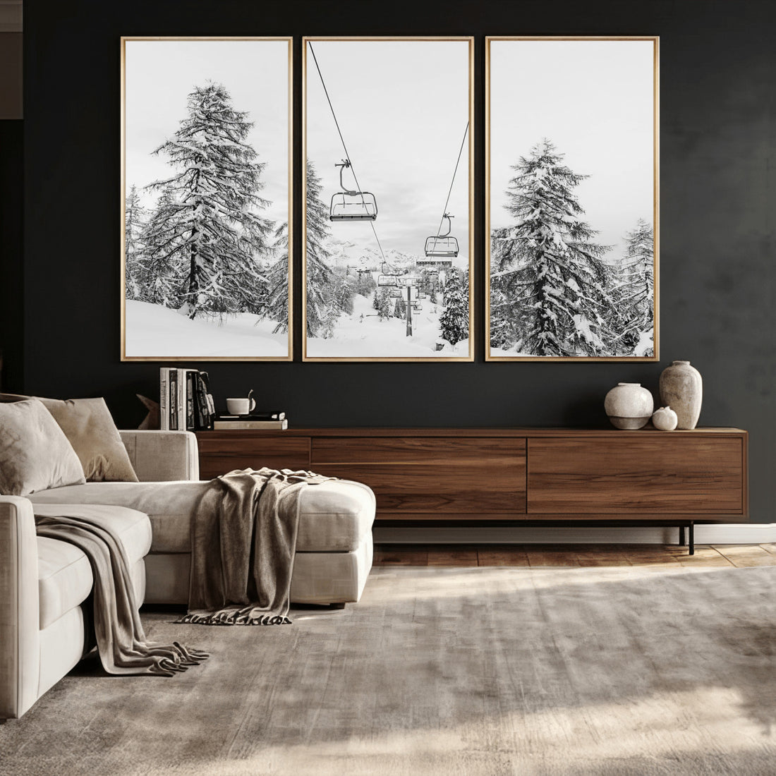 Snowy Ski Lift Wall Art | Framed Winter Forest Canvas