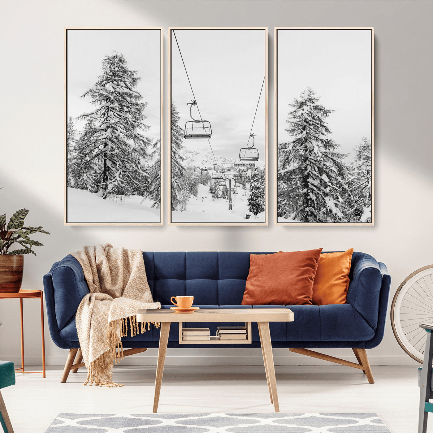 55003599-MGV-CV-36X24-Ski Lift Wall Art – Framed Snowy Mountain Canvas Artwork, Winter Forest Design, Minimal Nature Decor for Home, Office