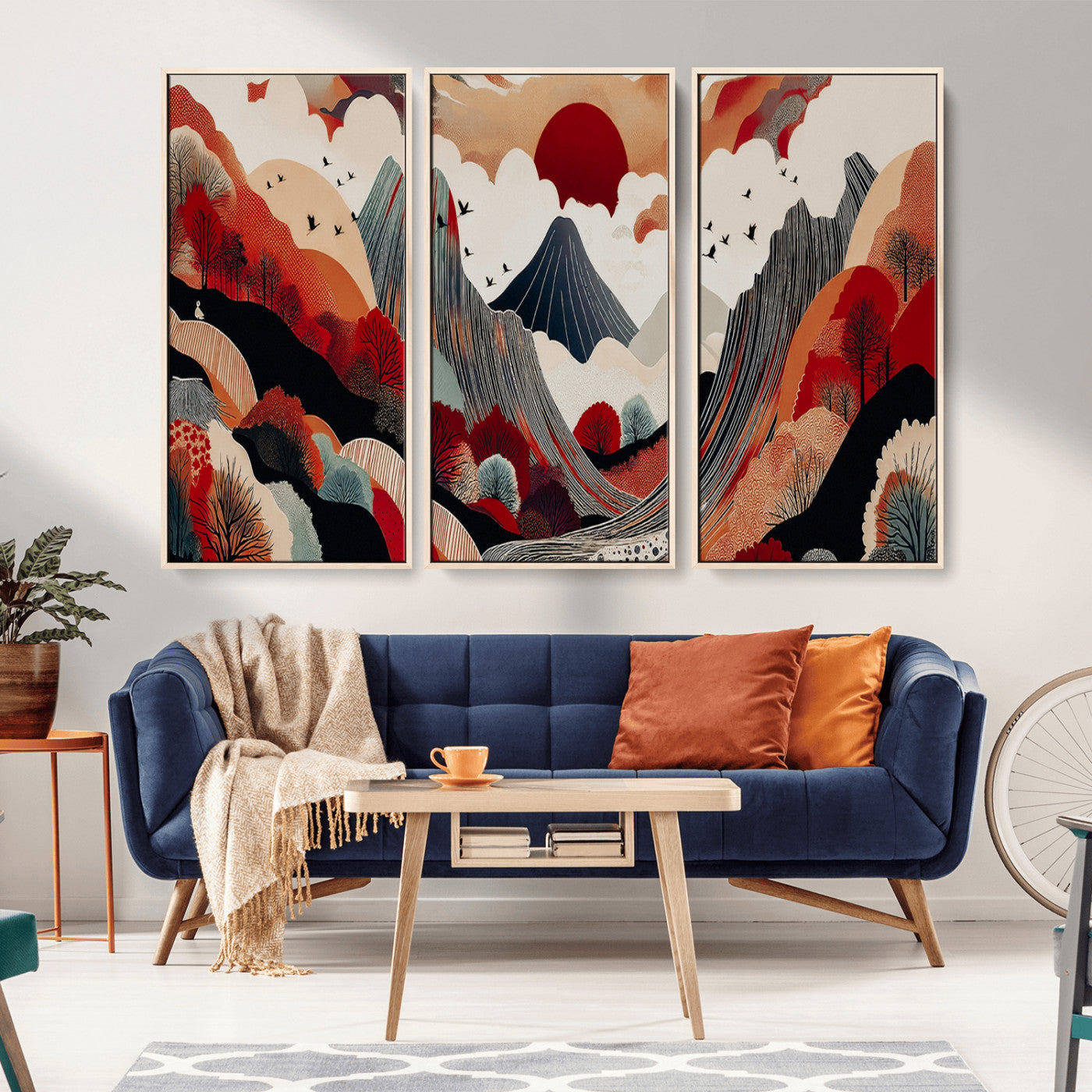 -Abstract Mountain Wall Art Canvas Print, Framed Vibrant Landscape Art Picture Print, Stylized Nature Drawing Perfect Contemporary Minimalist Decor Artwork