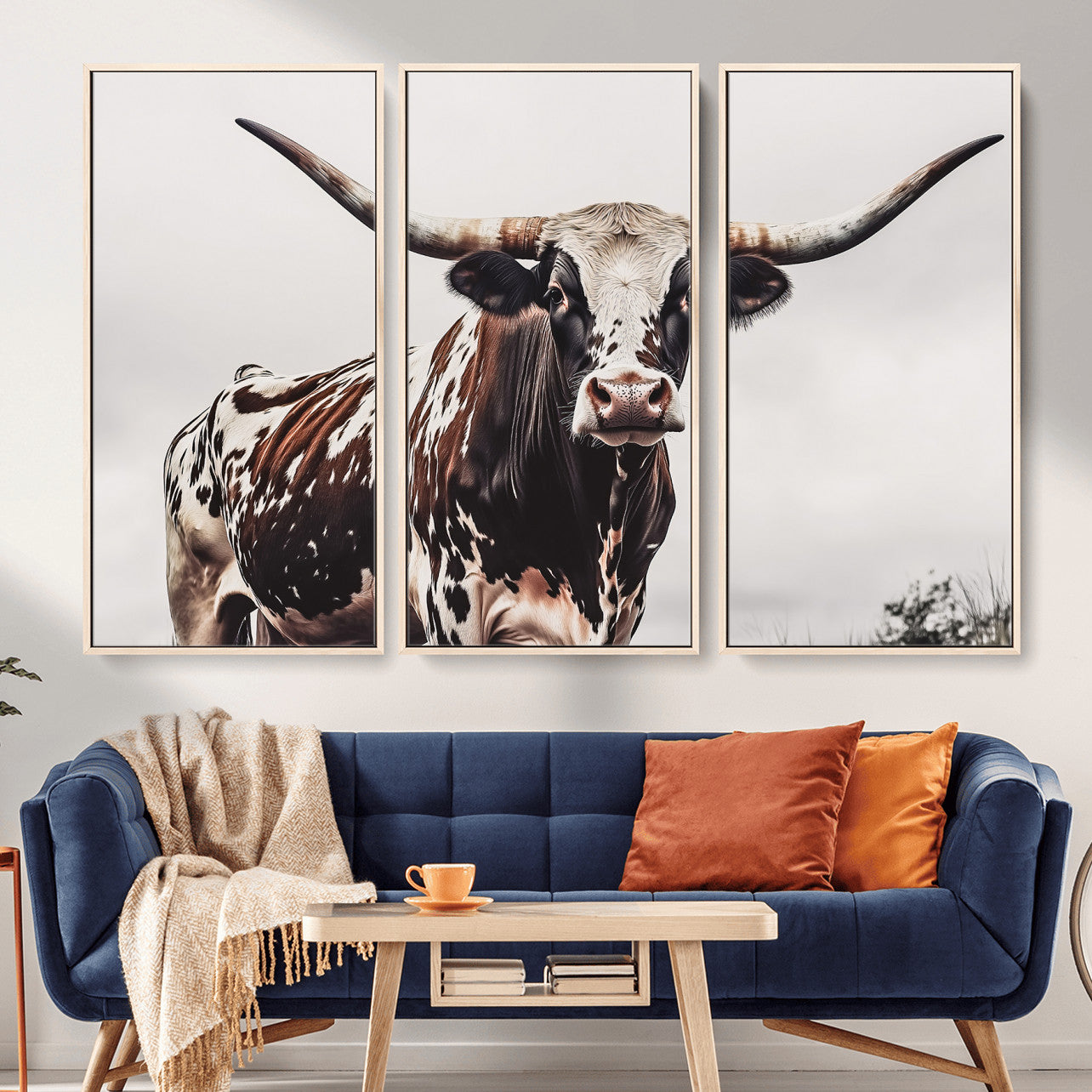 MGV-FC-48X32-3P - Texas Longhorn Wall Art Canvas Print, Framed Spotted Bull Art Picture Print, Horned Cattle Perfect Rustic Farmhouse Decor Artwork