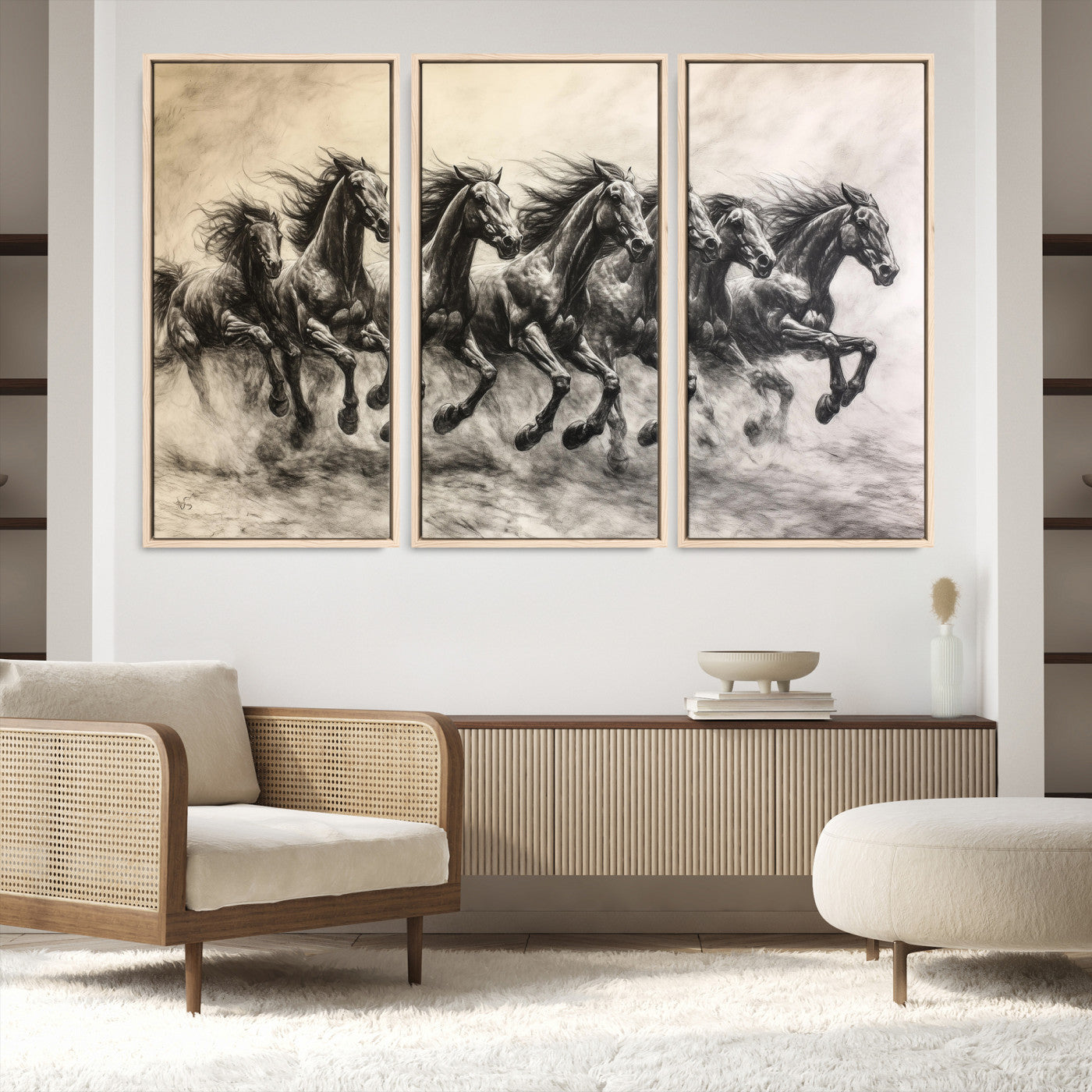 56089591-MGV-FC-48X32-3P-Galloping Horses Wall Art Canvas Print, Framed Wild Stallions Art Picture Print, Horse Herd Sketch