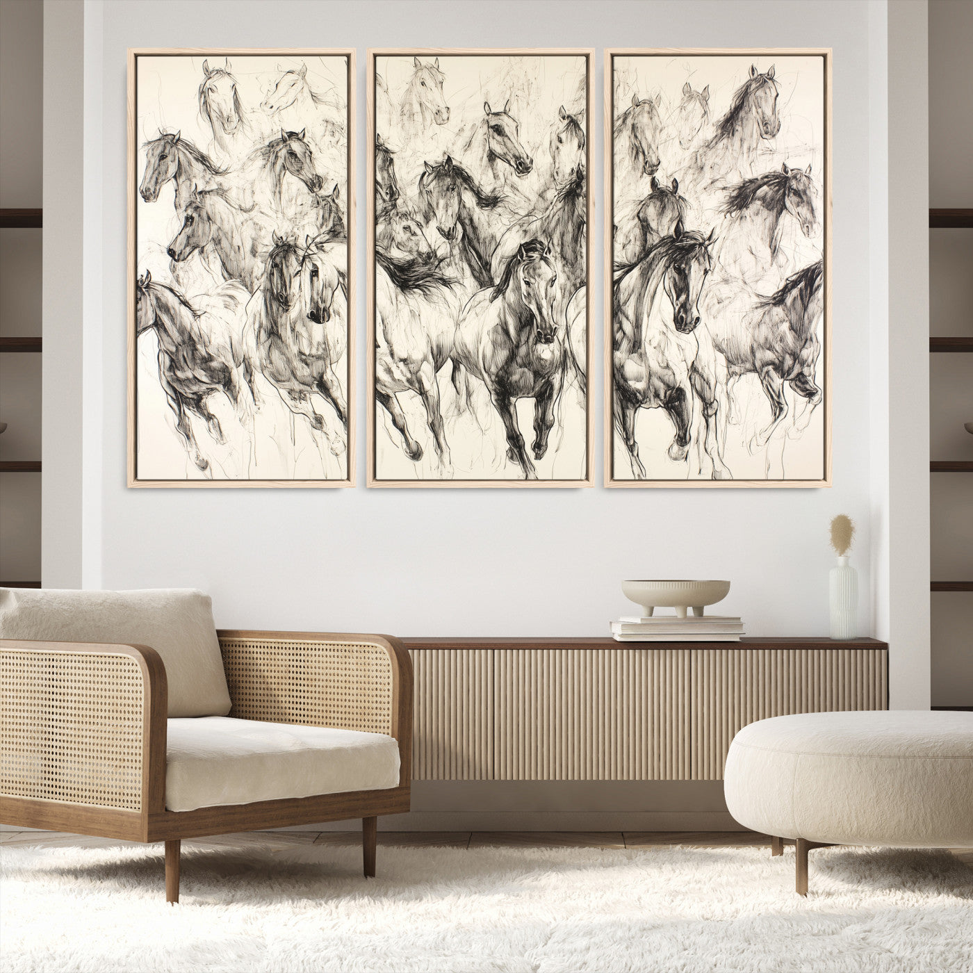 19433417-MGV-FC-48X32-3P-Running Horses Wall Art Canvas Print – Framed Galloping Herd Dynamic Equestrian Sketch Nature Artwork for Home Office