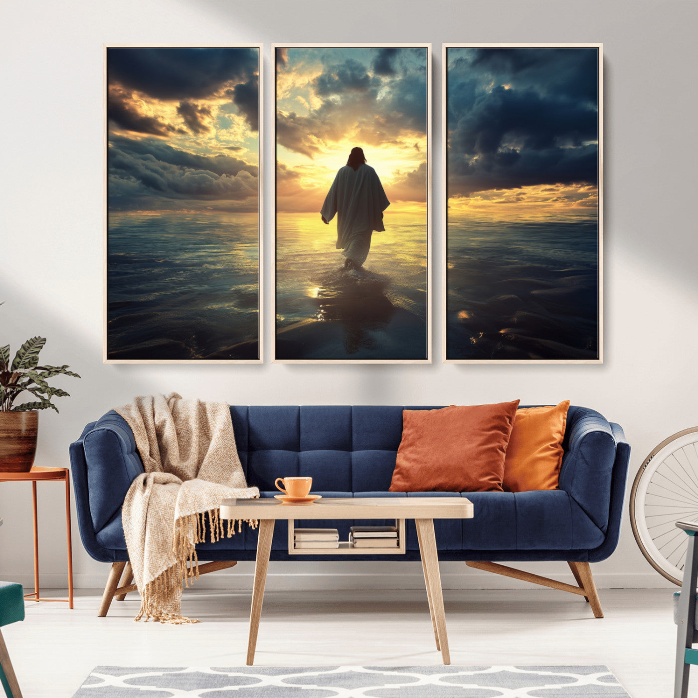 -Jesus Walks Wall Art Canvas Print Framed Divine Sunset Art Spiritual Light Print for Home, Office, Living Room
