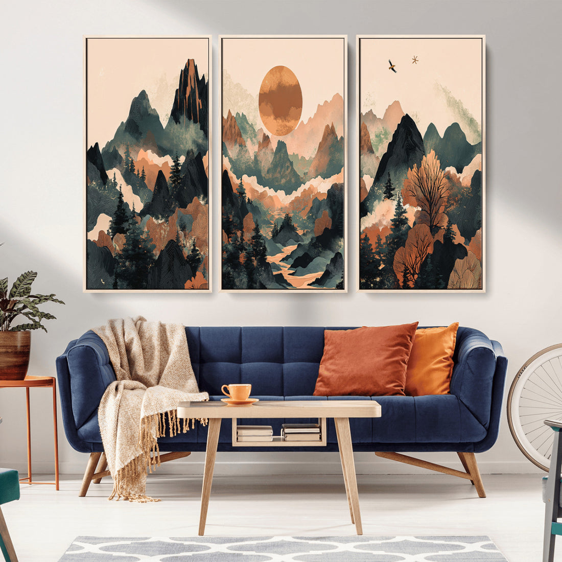 Wood Mountain Landscape Wall Art Canvas Print, Framed Sunset Hills, Abstract Serene Valley Boho Art