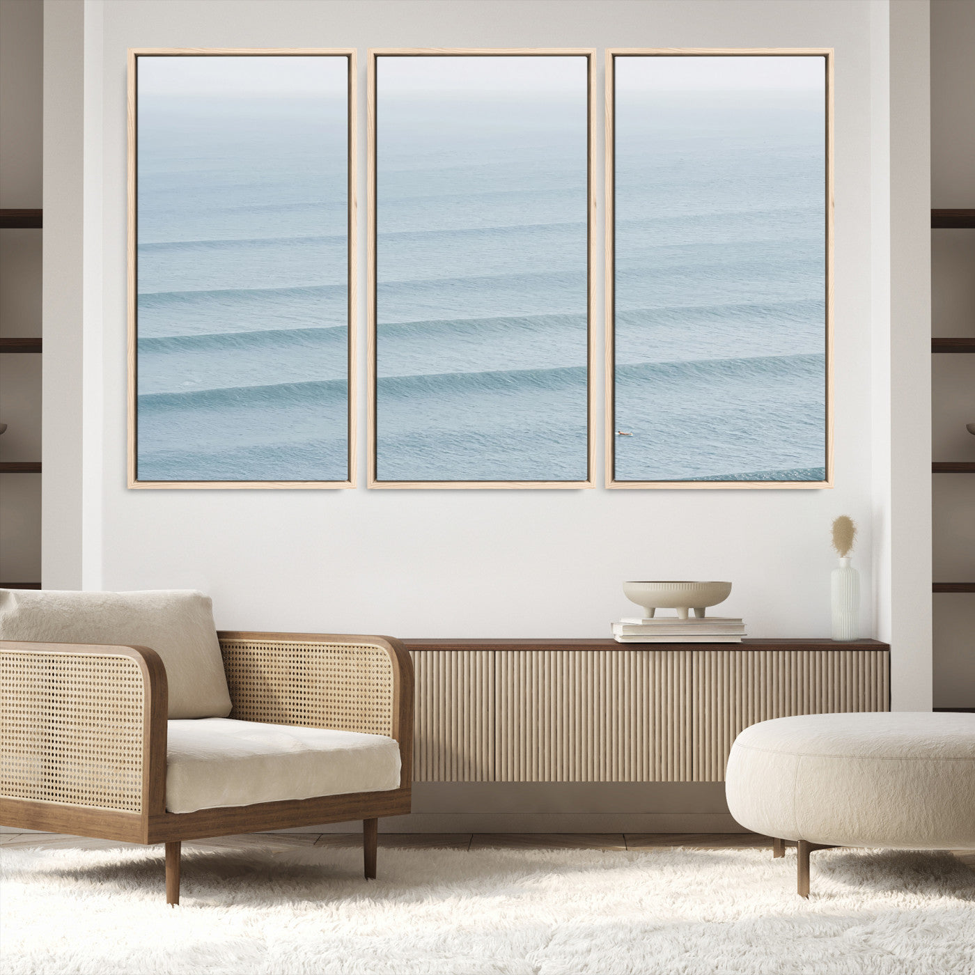 47814787-MGV-FC-48X32-3P-Ocean Waves Wall Art Canvas Print, Framed Solo Surfer Art Picture Print, Wave Lines Perfect