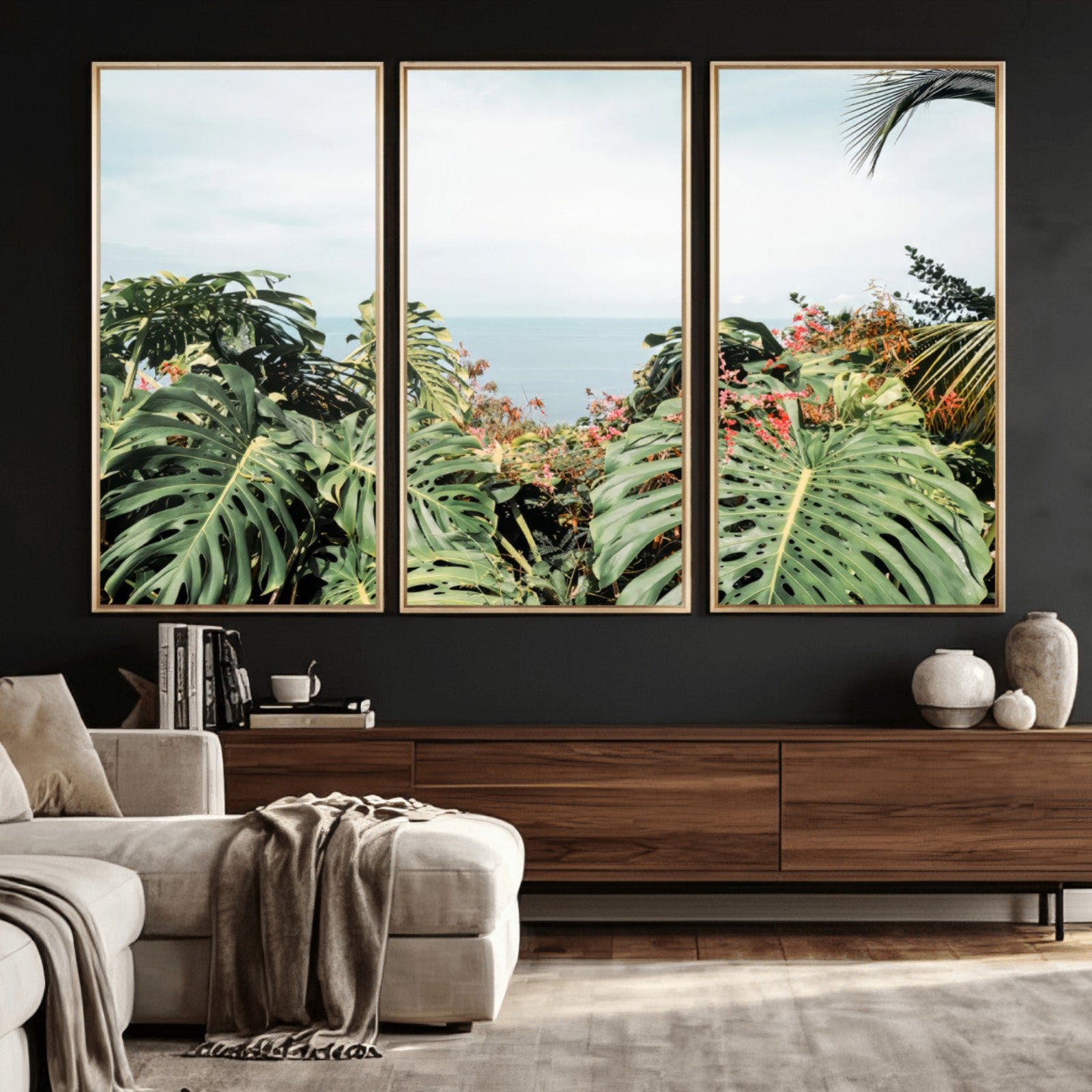 45700479-MGV-CV-36X24 - Tropical Greenery Wall Art – Exotic Leaves & Ocean View Canvas Print, Sunlit Paradise and Vibrant Nature for Living Room or Coastal Decor