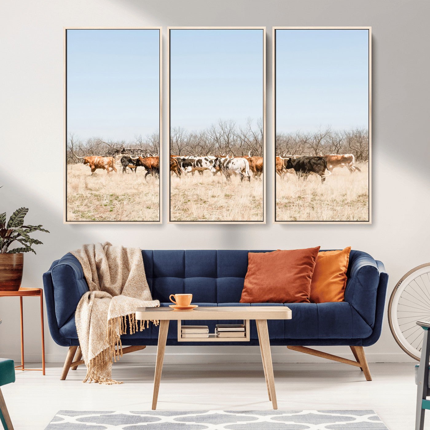 16563092-MGV-CV-36X24-Texas Longhorns Wall Art Canvas Print – Framed Western Cattle Rustic Herd Farmhouse Country Animal Artwork for Home Office