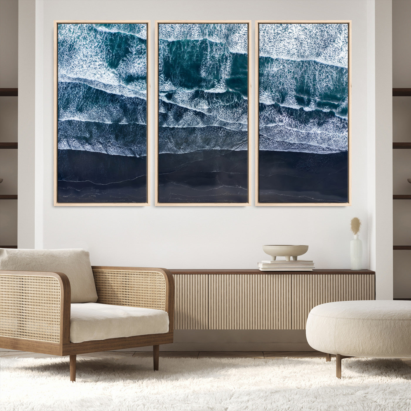 87941475-MGV-FC-48X32-3P-Black Beach Wall Art Canvas Print – Framed Aerial Ocean View Moody Coastal Seascape Nature Artwork for Home Office