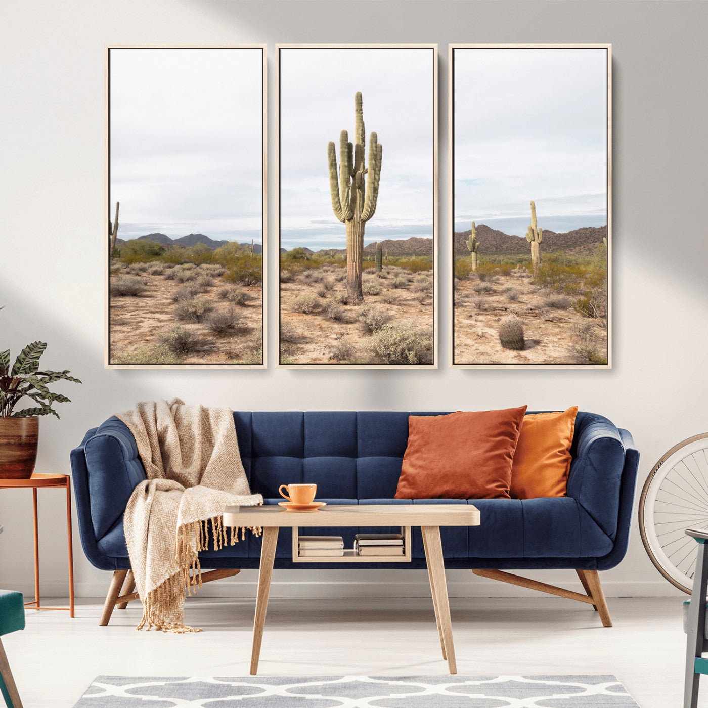 MGV-FC-48X32-3P - Saguaro Cactus Wall Art Canvas Print, Framed Desert Cactus Art Picture Print, Earthy Desert Perfect Southwestern Boho Decor Artwork