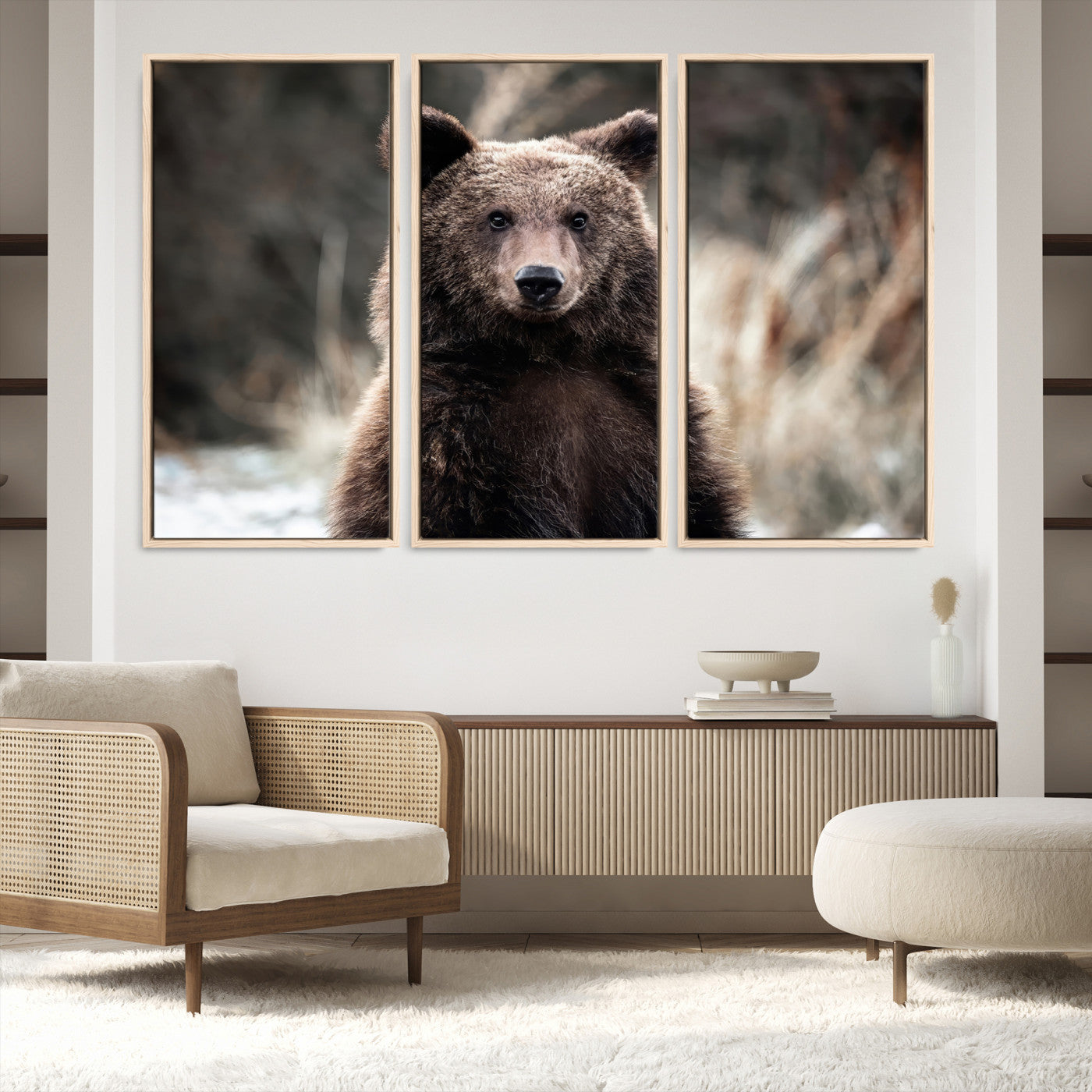 47112103-MGV-FC-48X32-3P-Brown Bear Wall Art Canvas Print, Framed Wildlife Art Picture Print, Woodland Perfect Cabin Decor