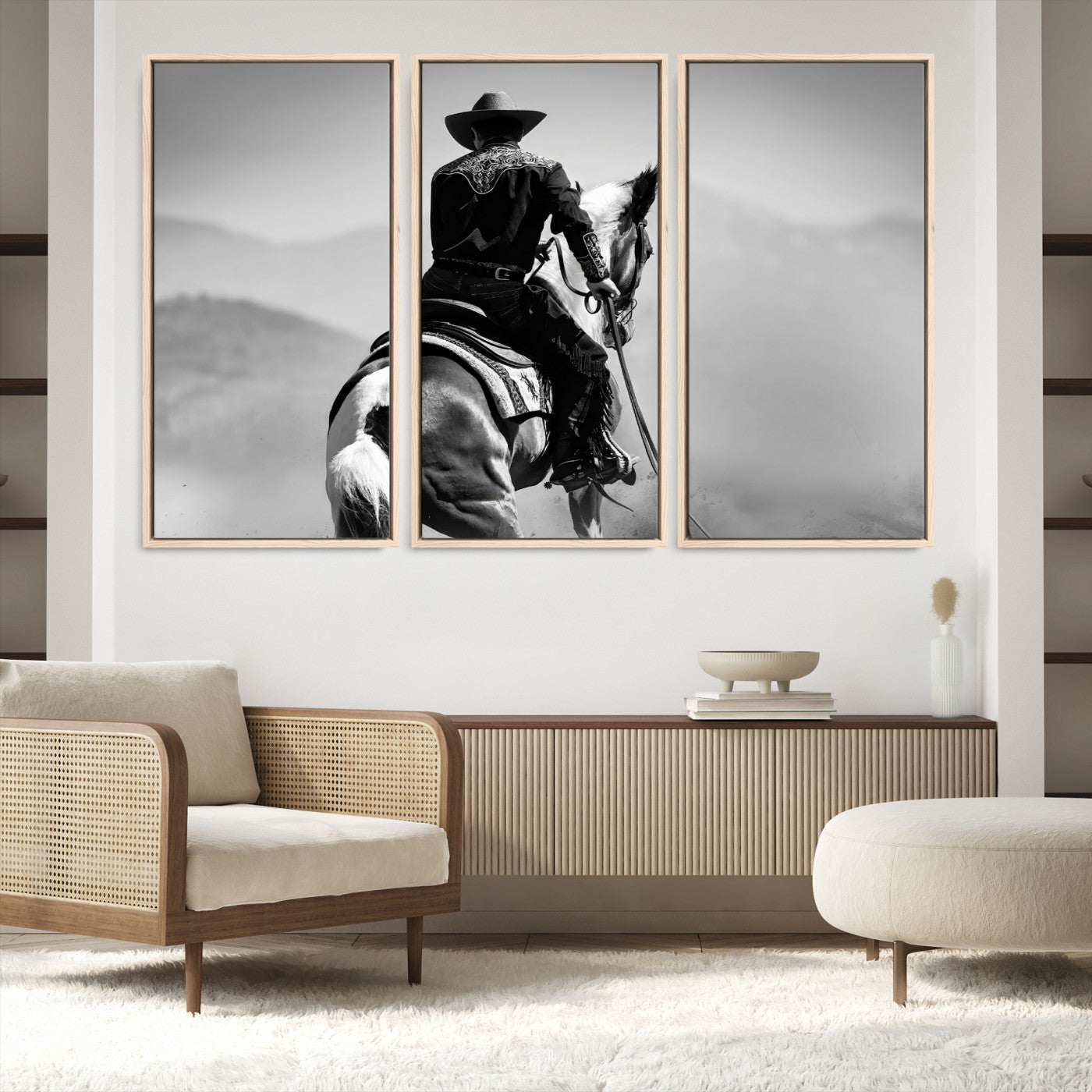 83102464-MGV-FC-48X32-3P-Western Wall Art Canvas Print – Framed Cowboy and Horse Scene Artwork for Rustic Western Home, Office Decor