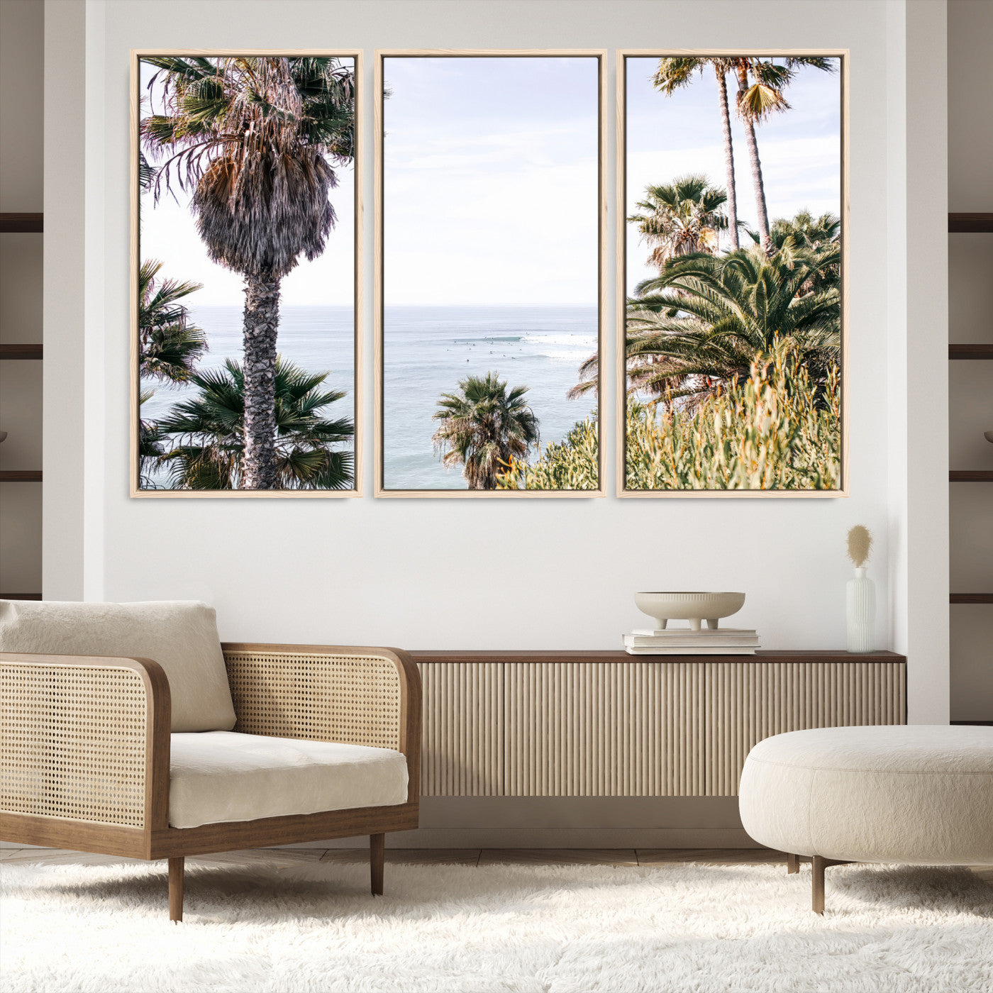 51404565-MGV-FC-48X32-3P-Coastal Palm Trees Wall Art Canvas Print – Framed Ocean Breeze Tropical Scene Artwork for Relaxing Home, Office Decor