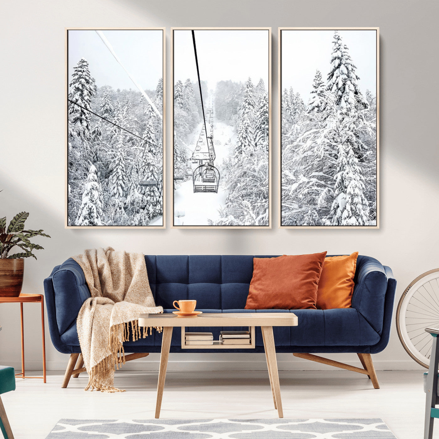 44705668-MGV-CV-36X24-Snowy Ski Lift Wall Art – Framed Winter Mountain Canvas Artwork, Serene Forest Design, Modern Nature Decor for Home, Office