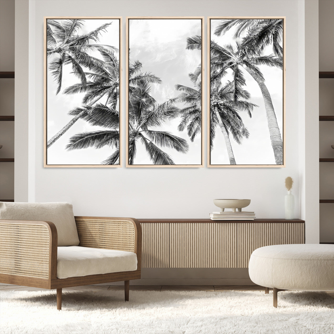 62113786-MGV-FC-48X32-3P-Black and White Palm Wall Art Canvas Print – Framed Monochrome Tropical Beach Scene Artwork for Modern Home, Office Decor