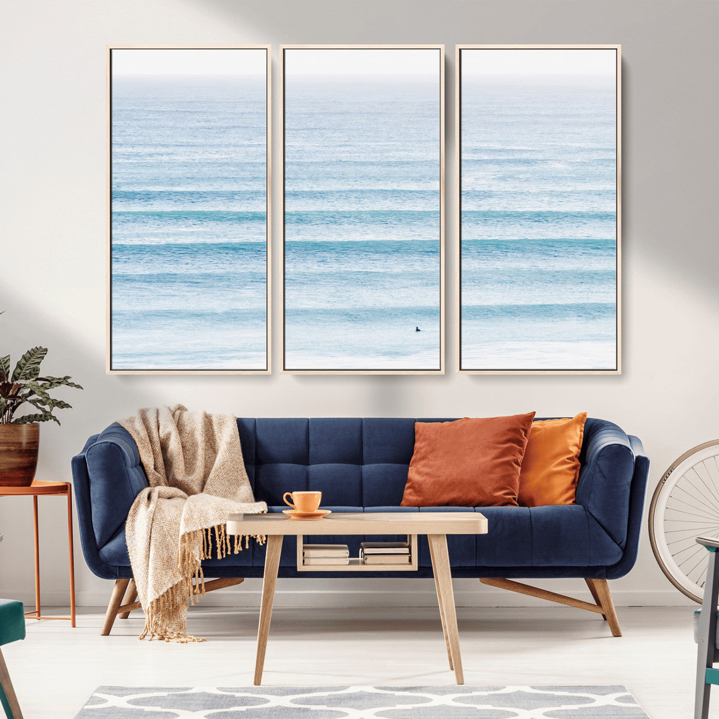 77145995-MGV-CV-36X24-Ocean Wave Surfer Wall Art – Framed Minimal Seascape Canvas Artwork, Calm Blue Water Design, Coastal Decor for Home, Office