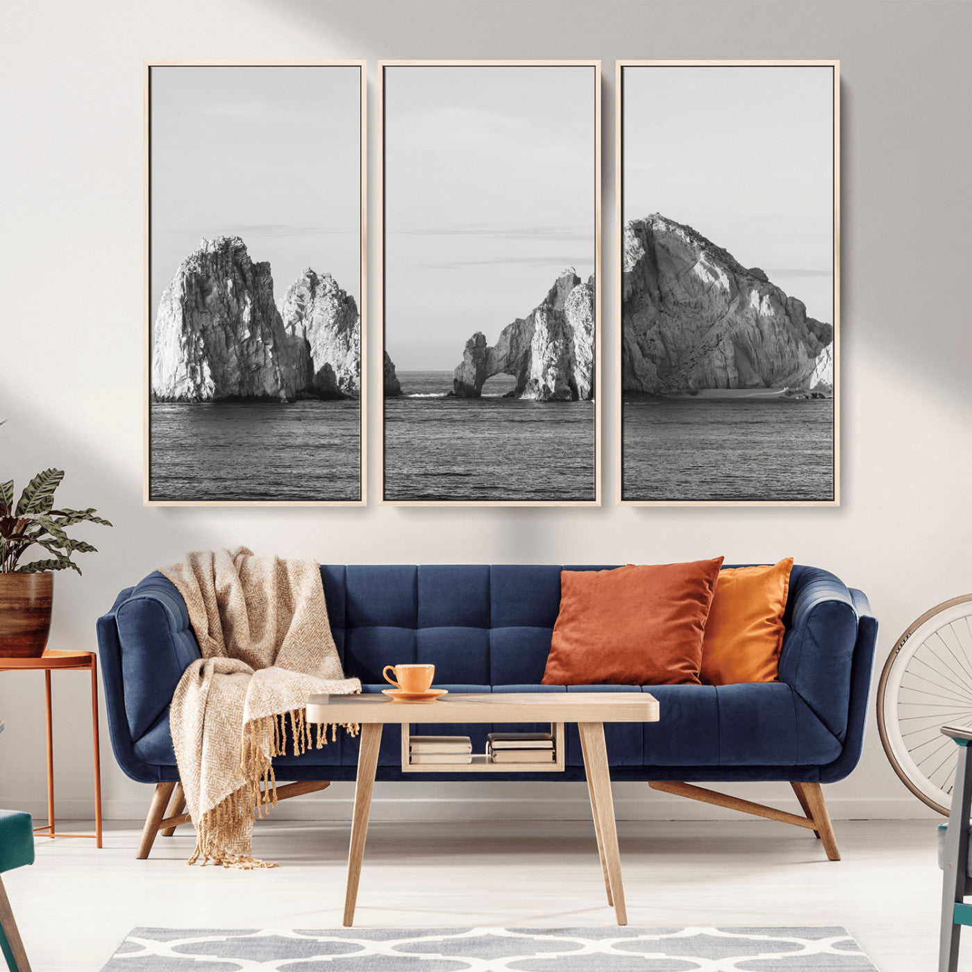 MGV-FC-48X32-3P - Rugged Coastline Wall Art Canvas Print, Framed Ocean Cliffs Art Picture Print, Monochrome Seascape Perfect Coastal Minimalist Decor Artwork