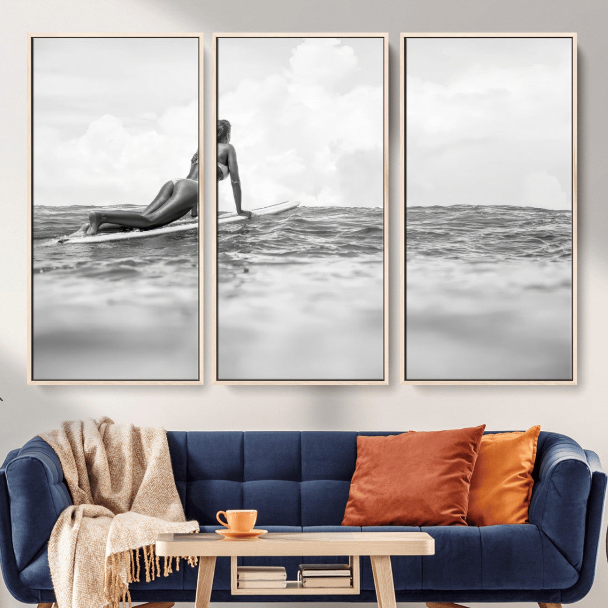 69798068-MGV-CV-36X24-Black and White Surfing Wall Art Canvas Print – Framed Ocean Horizon with Surfer Girl Coastal Adventure Artwork for Home, Office