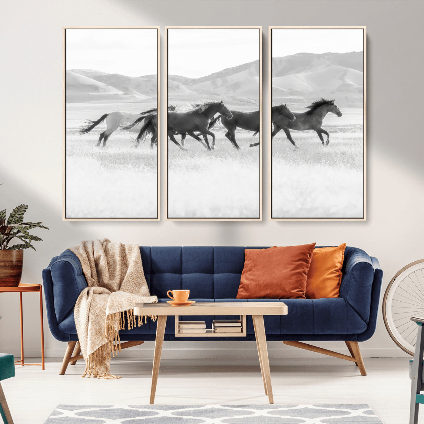 MGV-FC-48X32-3P - Wild Horses Wall Art – Black & White Canvas Print of Herd Running, Nature in Motion, Freedom & Beauty Decor for Guest Room, Office or Living Room
