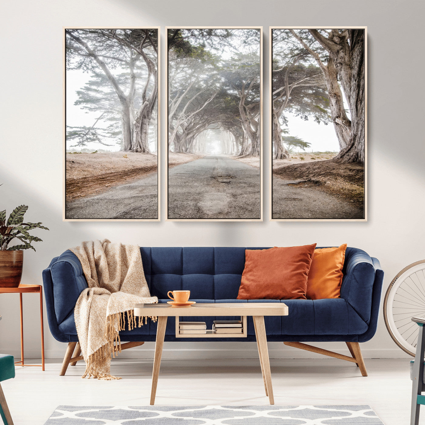 87090469-MGV-CV-36X24-Cypress Tunnel Wall Art – Framed Misty Road Canvas Artwork, Foggy Trees Design, Rustic Woodland Nature Decor for Home, Office