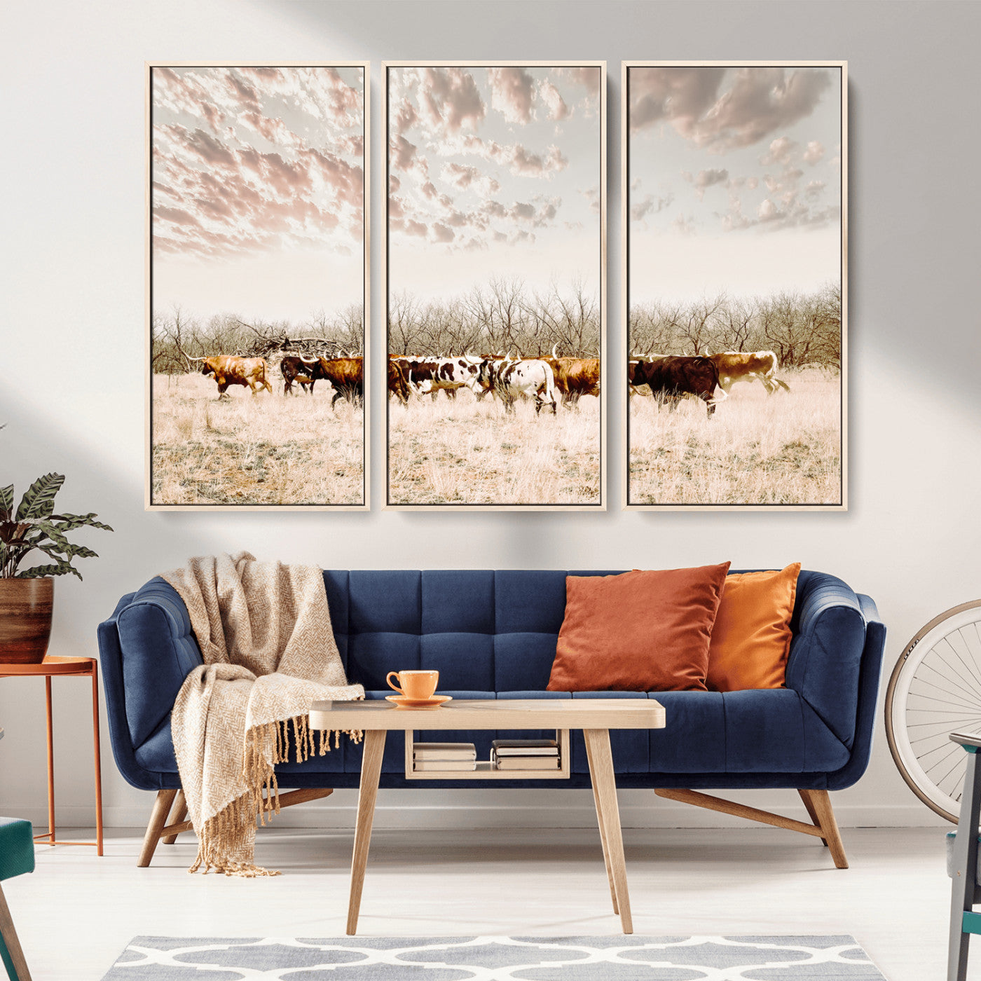 -Longhorn Cattle Wall Art Canvas Print, Framed Texas Ranch Art Picture Print, Western Cow Perfect