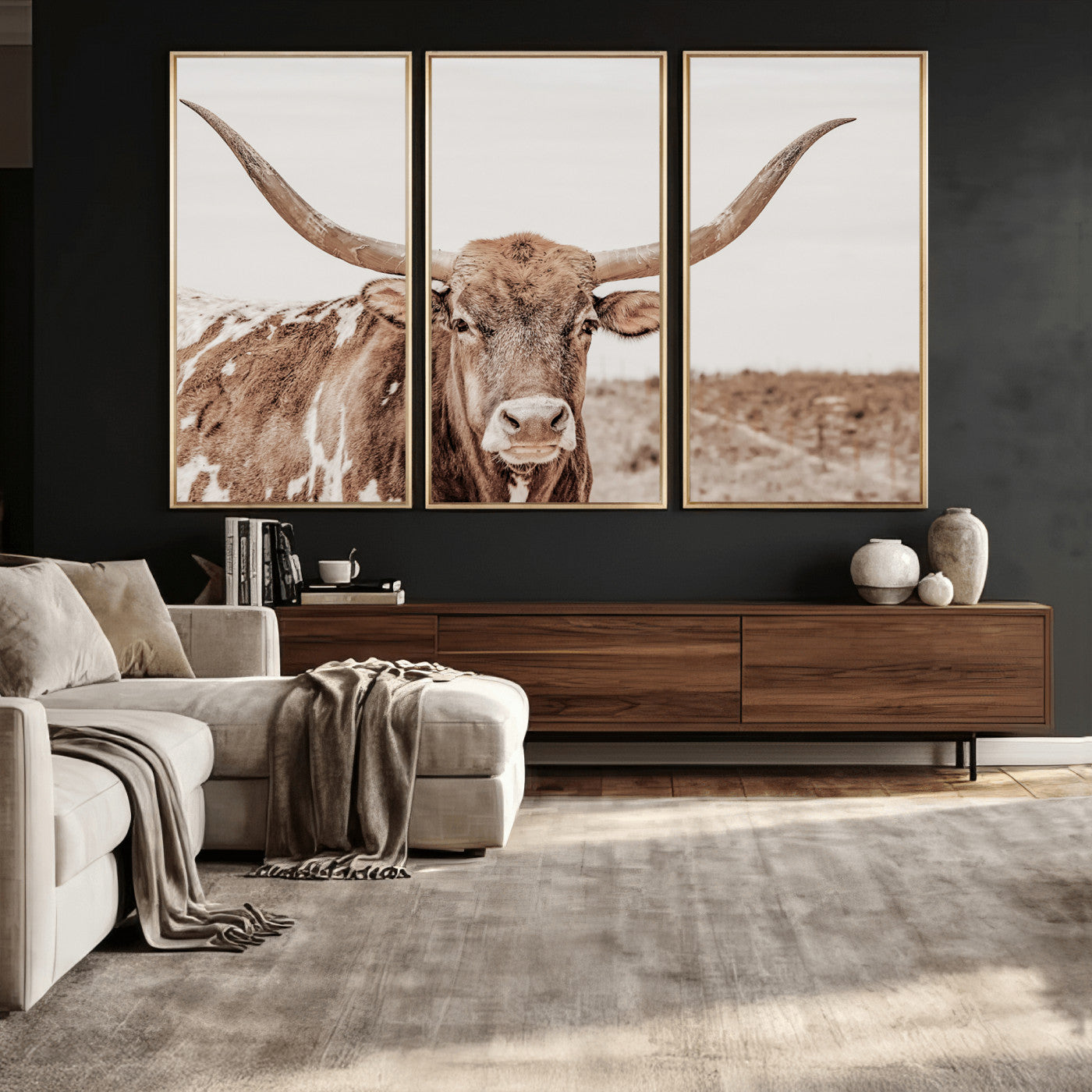39964150-MGV-CV-36X24 - Longhorn Cow Wall Art Canvas Print, Texas Ranch Print, Framed Western Bull Art Print, Large BigHorn Cowboy Printing Perfect for County Decor